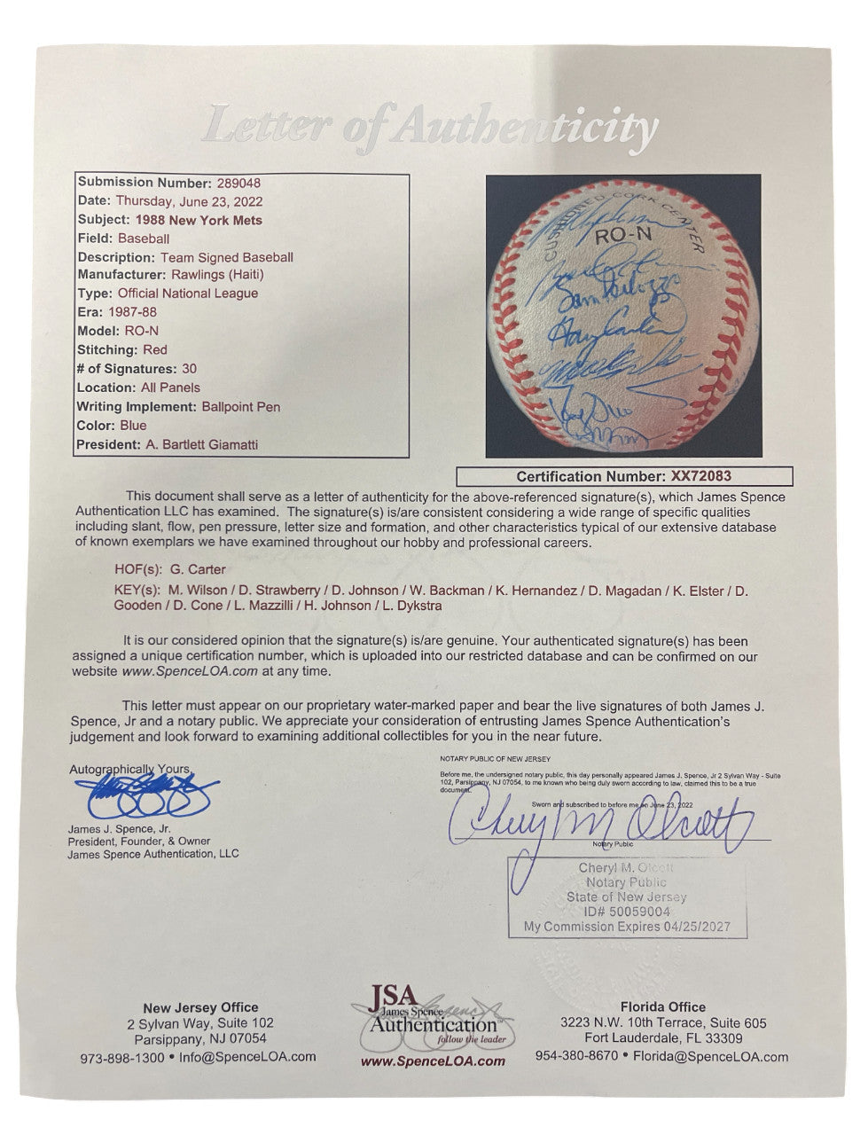 1988 New York Mets Team Signed Autographed National League Baseball