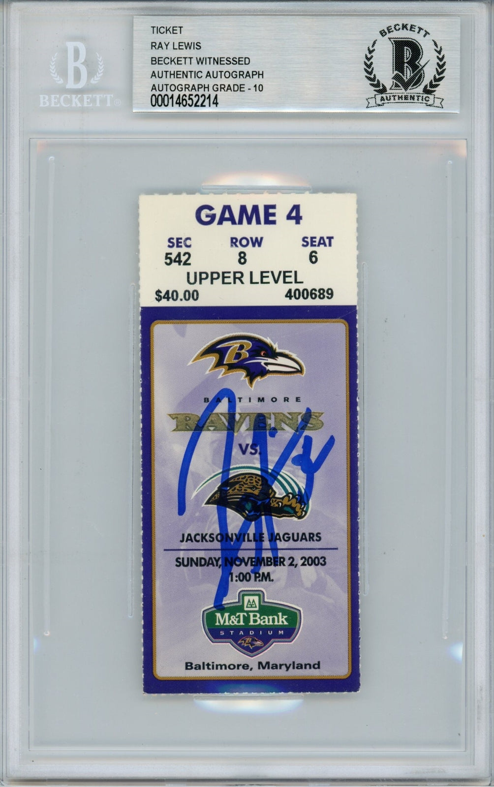 Ray Lewis Signed Baltimore Ravens 11/2/03 Ticket Stub - BAS Slabbed