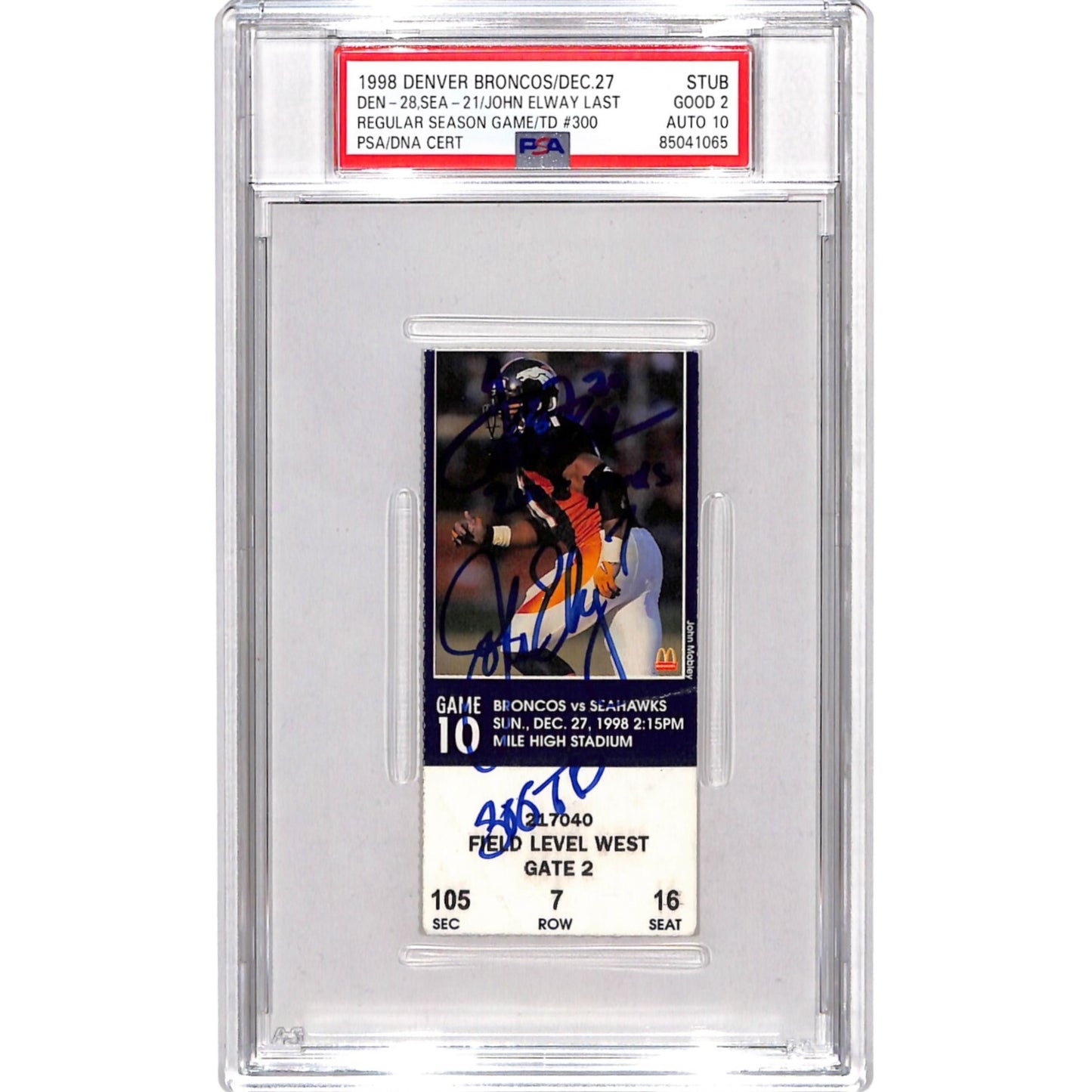 John Elway & Terrell Davis Signed Denver Broncos Slabbed Ticket Stub