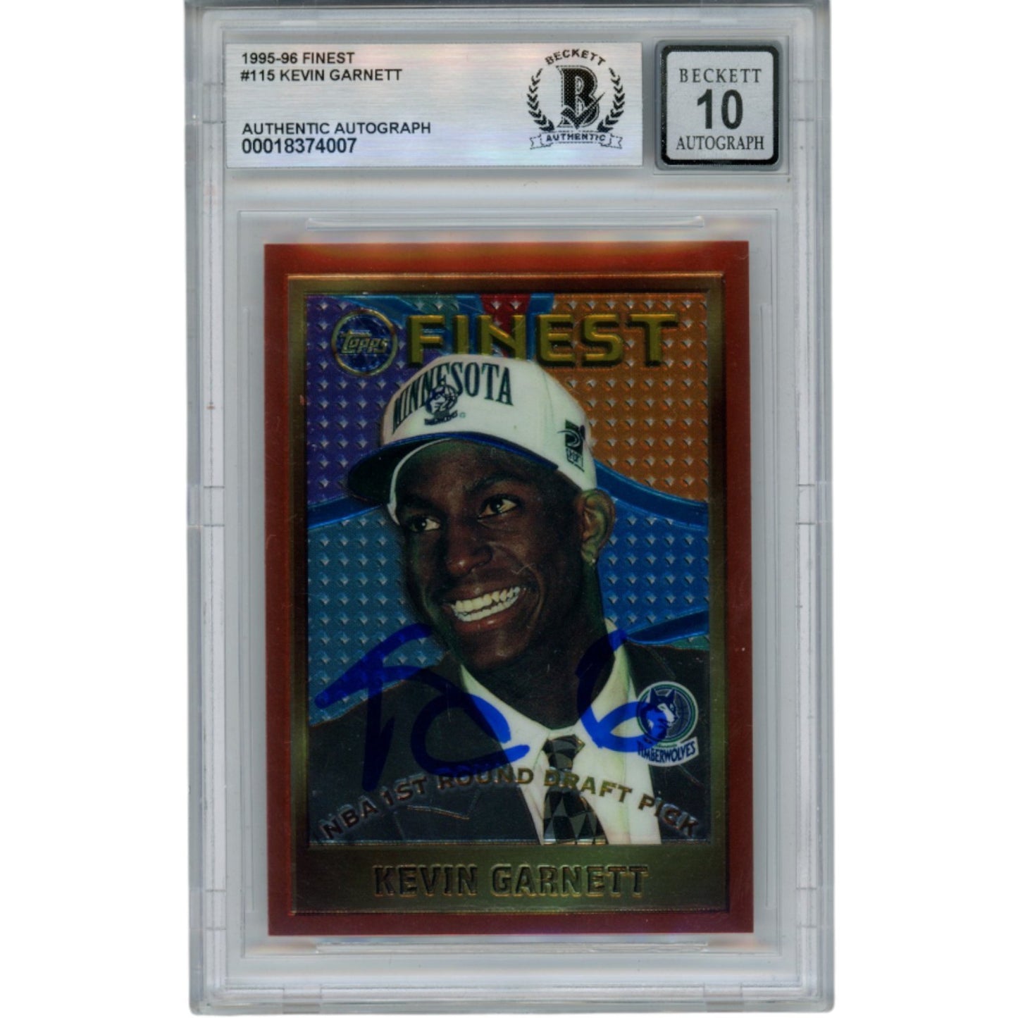 Kevin Garnett Autographed 1995-96 Topps Finest #115 Trading Card (BAS)