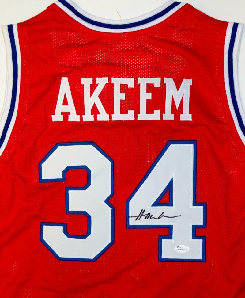 Akeem Olajuwon Autographed Red Custom College Jersey