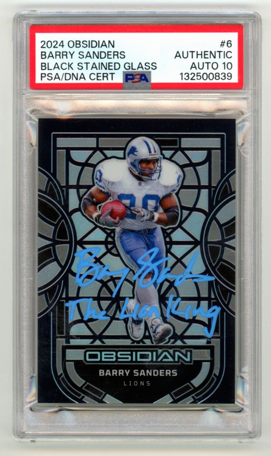 Barry Sanders Signed 2024 Panini Obsidian Black Stained Glass Card PSA 10