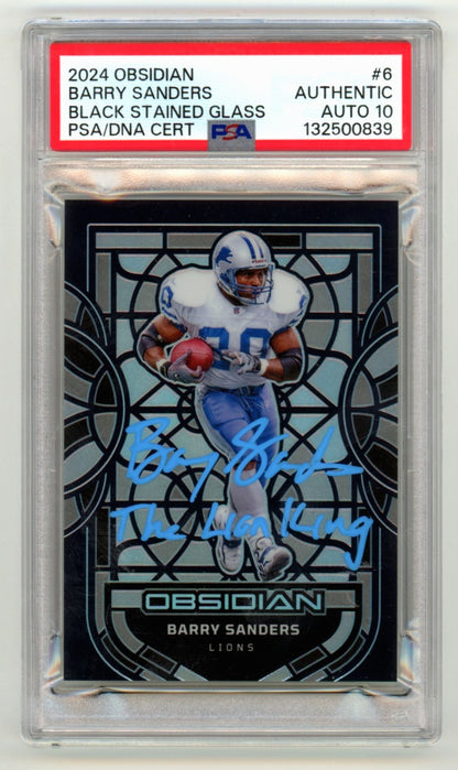 Barry Sanders Signed 2024 Panini Obsidian Black Stained Glass Card PSA 10