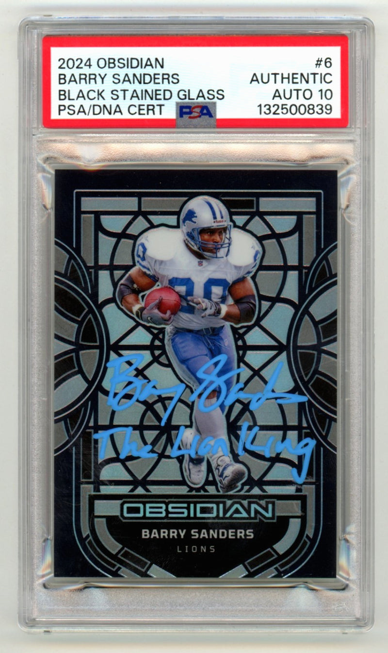 Barry Sanders Signed 2024 Panini Obsidian Black Stained Glass Card PSA 10