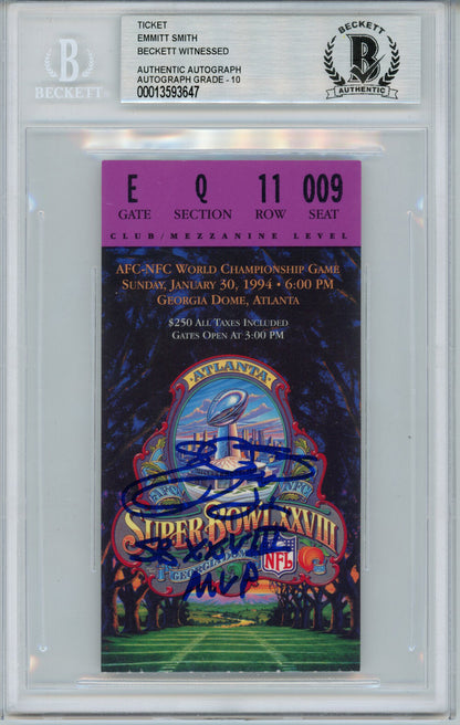 Emmitt Smith Signed Super Bowl XXVIII Ticket Stub Beckett Slabbed SB MVP