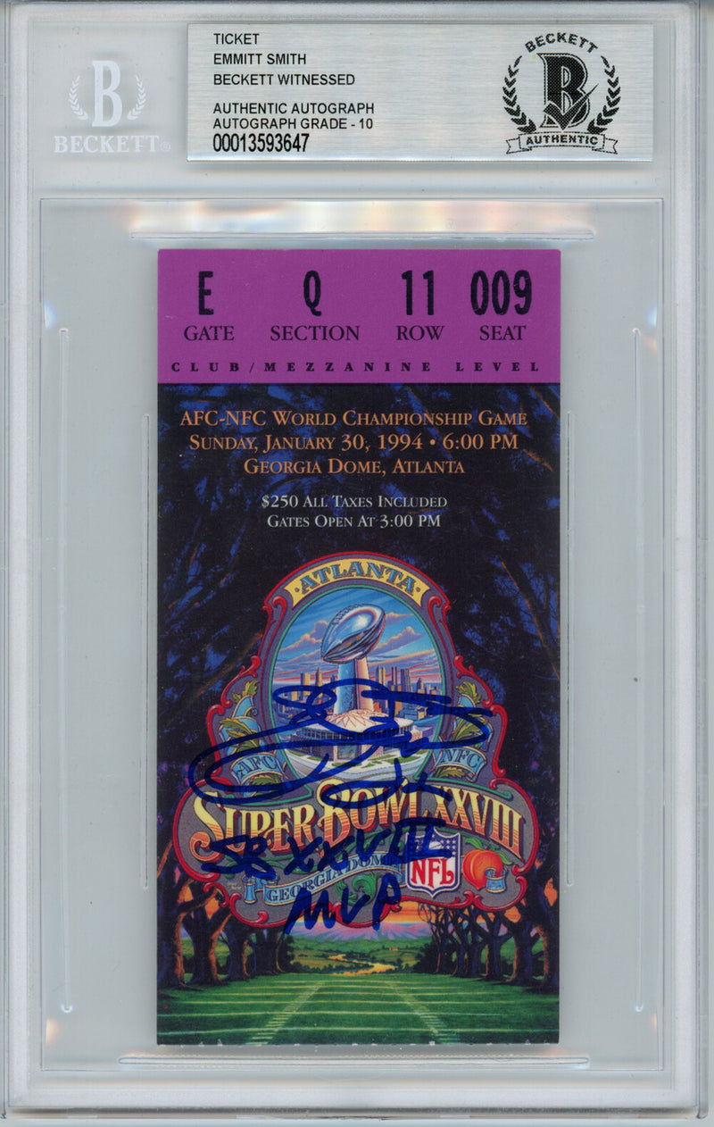 Emmitt Smith Signed Super Bowl XXVIII Ticket Stub Beckett Slabbed SB MVP
