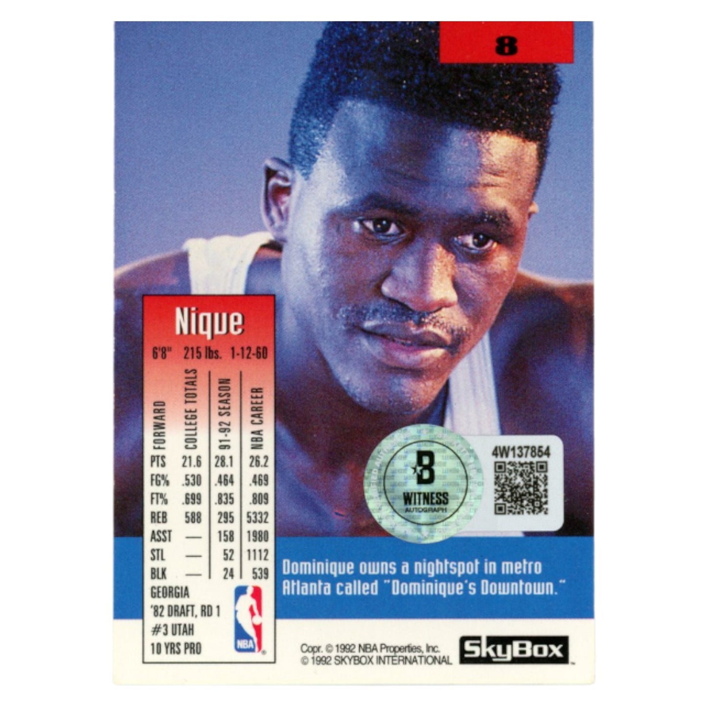 Dominique Wilkins Autographed Atlanta Hawks 1992 SkyBox #8 Trading Card BAS