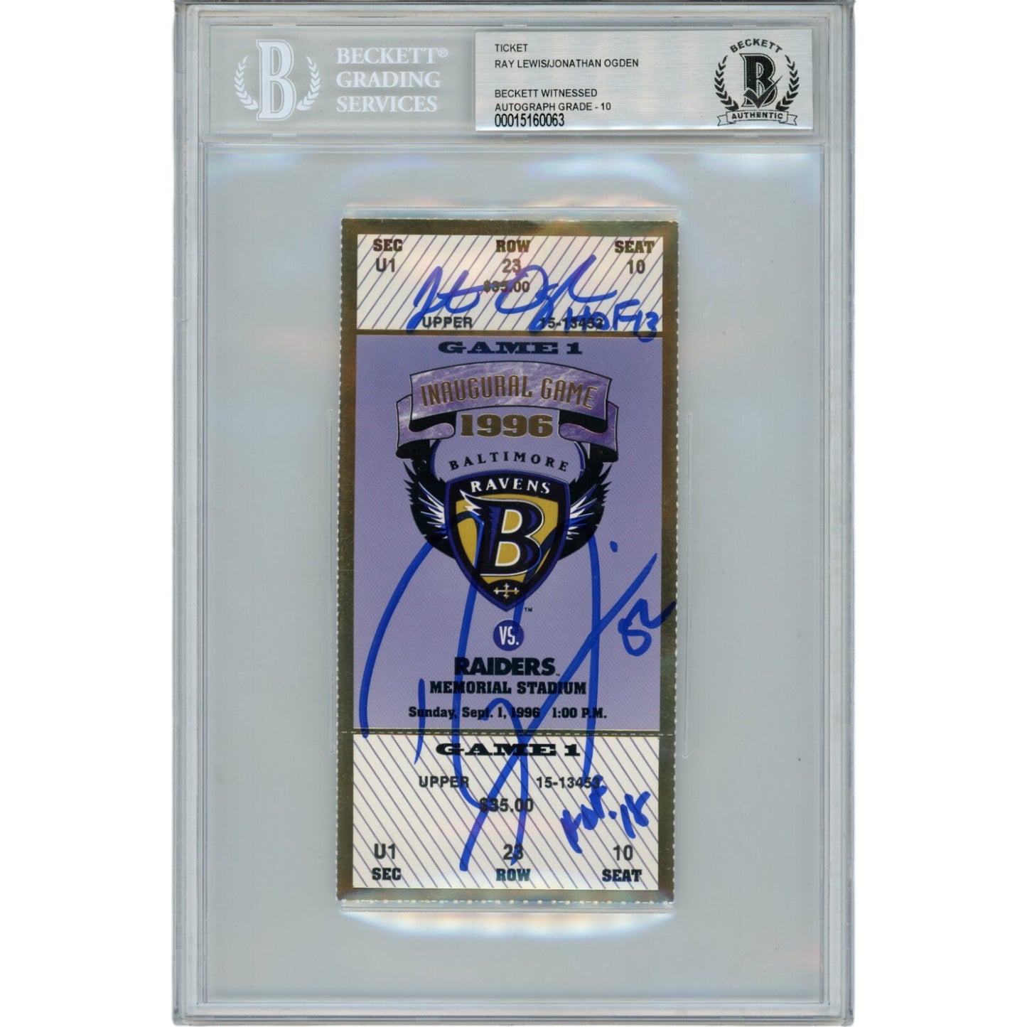 Ray Lewis & Jonathan Ogden Signed Baltimore Ravens Inaugural Game Ticket Stub