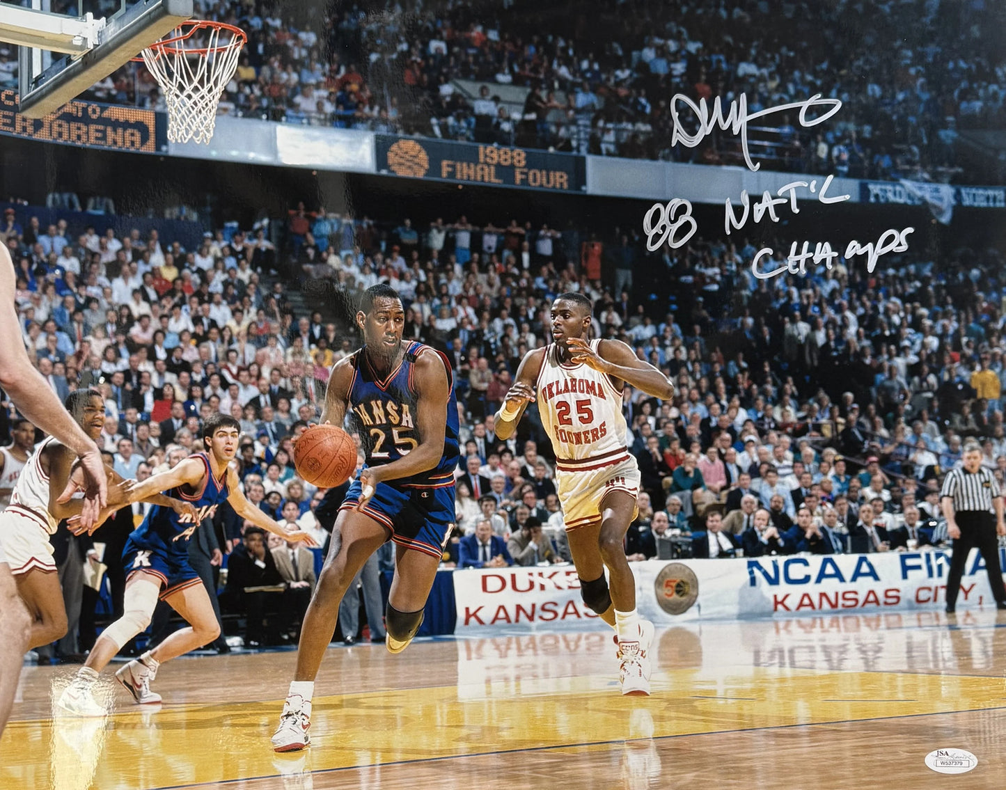 Danny Manning Signed Kansas Jayhawks 16x20 Photo - '88 Natl Champs'