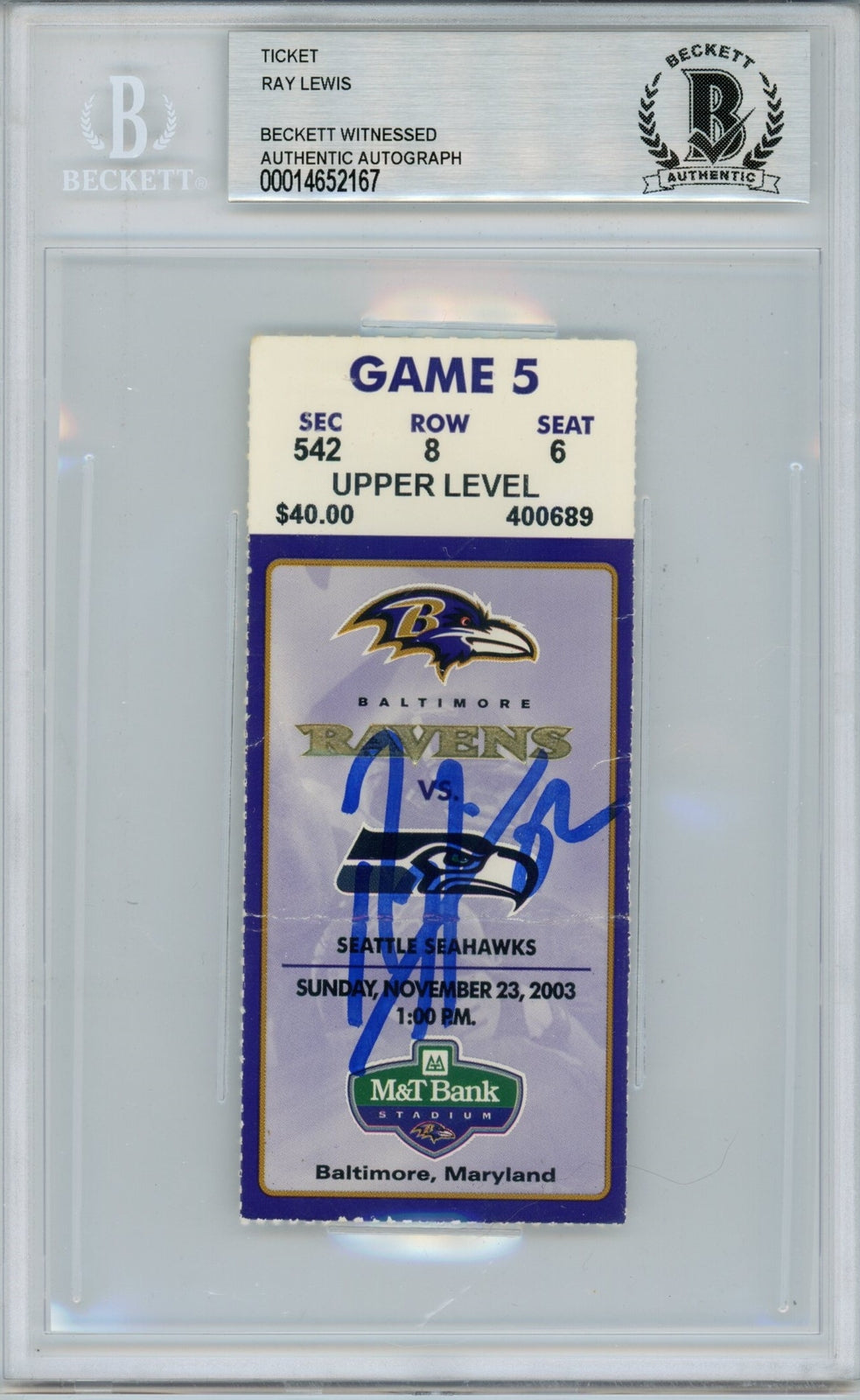 Ray Lewis Signed Baltimore Ravens Ticket Stub vs. Seahawks 11/23/03 BAS