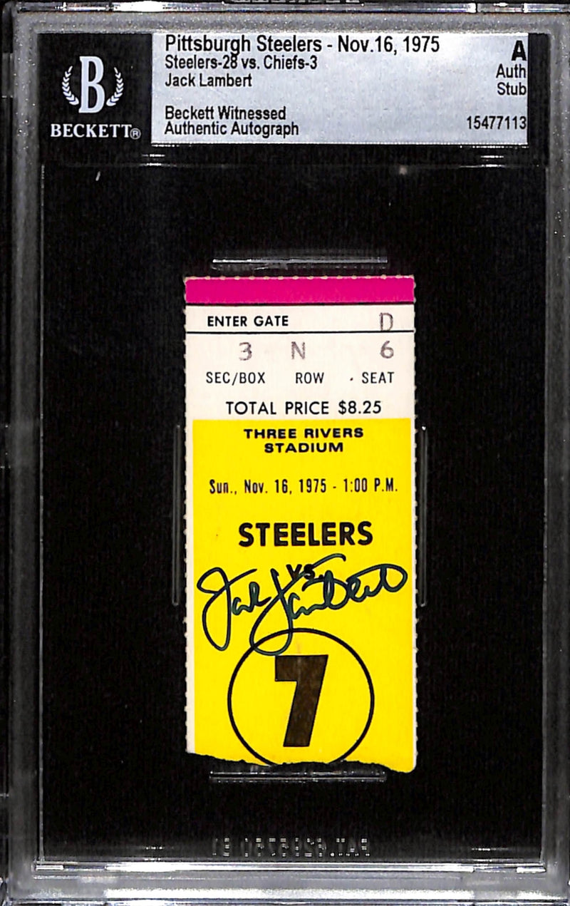 Jack Lambert Signed Pittsburgh Steelers 11/16/75 Ticket Stub (Beckett Slab)