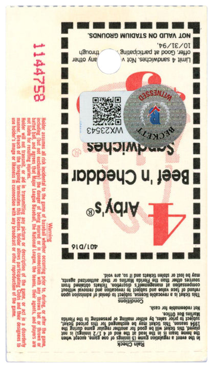 Deion Sanders Signed Cincinnati Reds 7/4/1994 @ Marlins Ticket Stub BAS