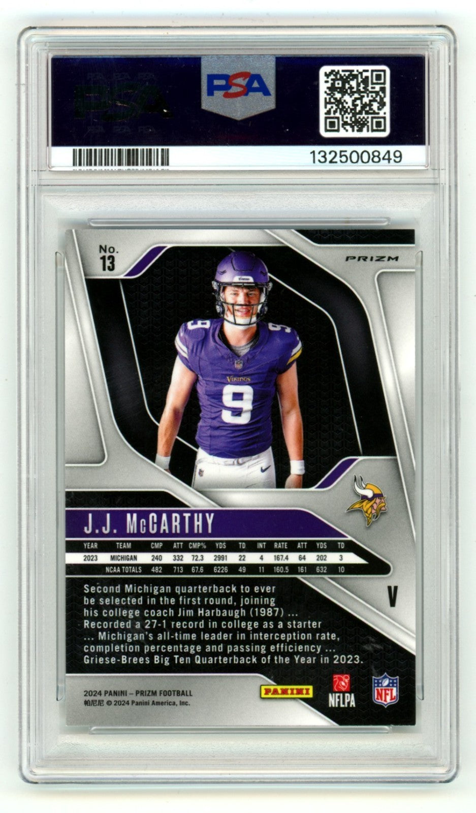 J.J. McCarthy Signed 2024 Panini Prizm Rookie Variation Card - PSA 10