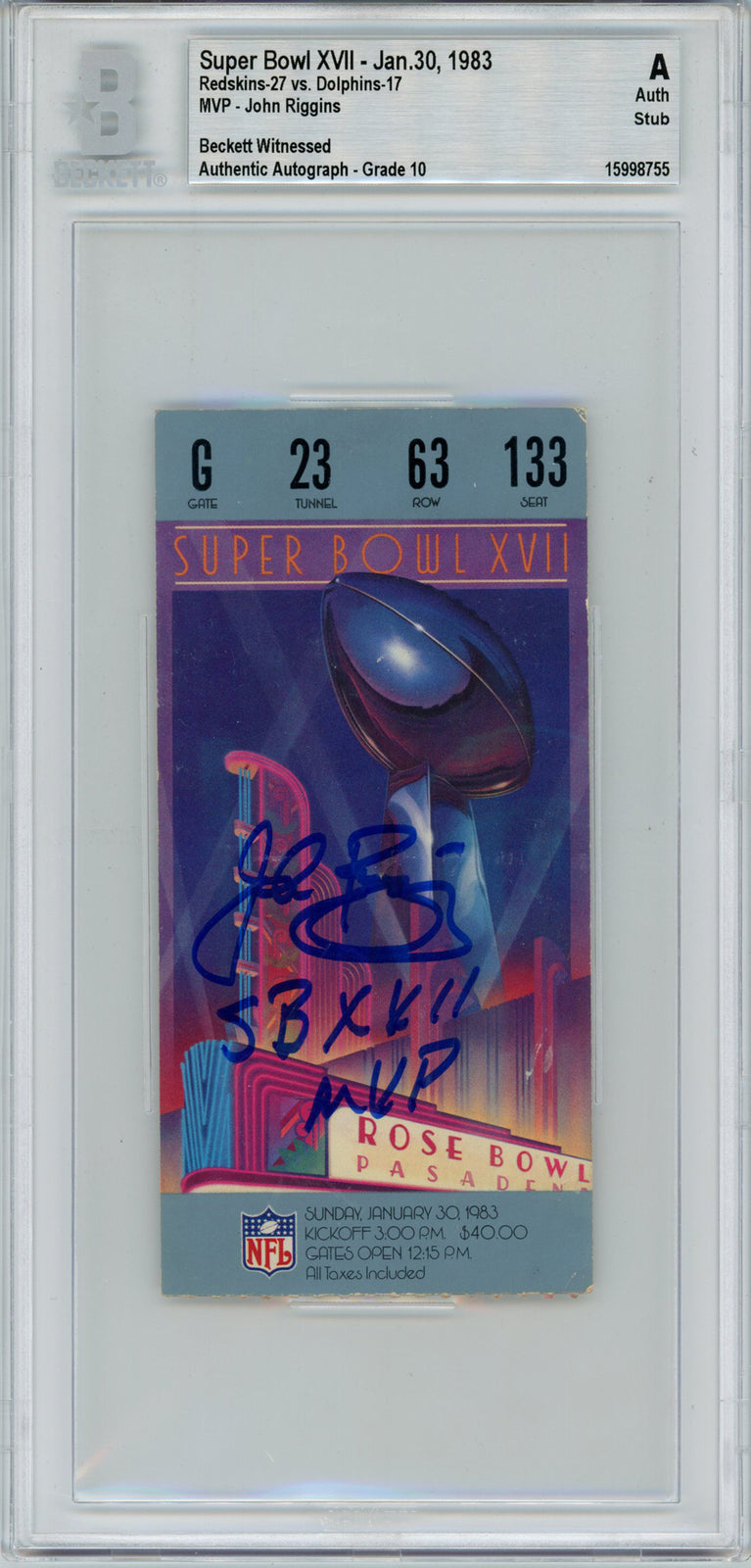 John Riggins Signed Super Bowl XVII Ticket Stub SB MVP Inscribed BAS Slab