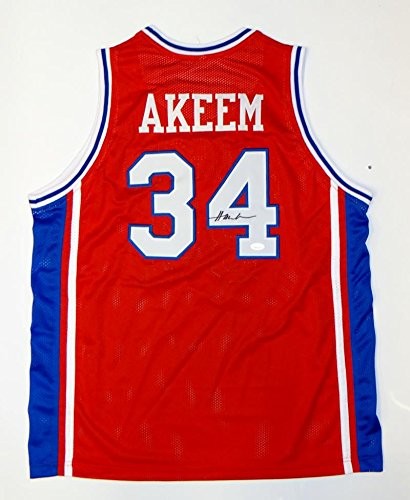 Akeem Olajuwon Autographed Red Custom College Jersey