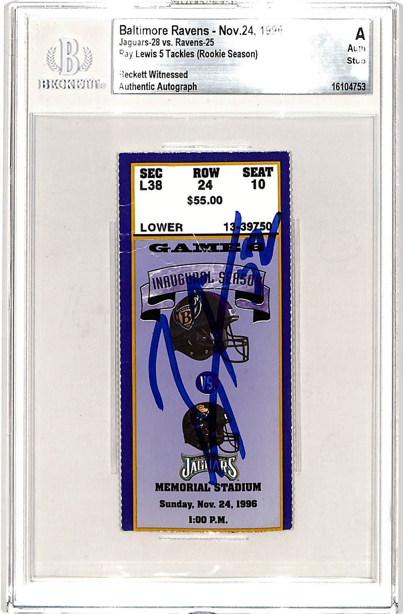 Ray Lewis Signed Baltimore Ravens 11/24/96 Ticket Stub (Beckett Slabbed)