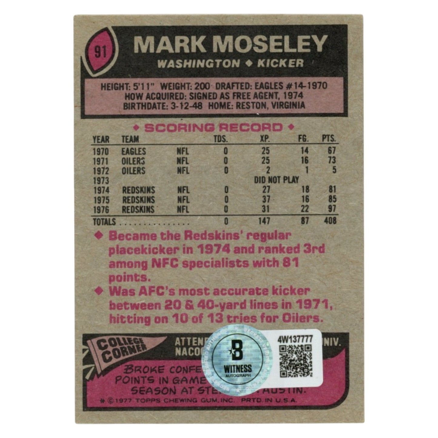 Mark Moseley Signed Washington Redskins 1977 Topps #91 Trading Card