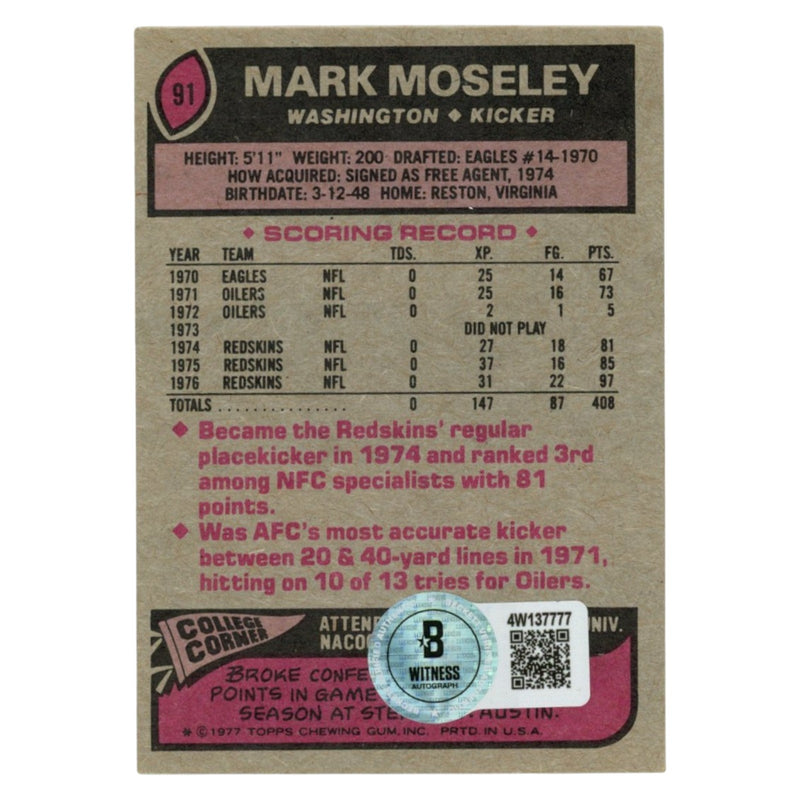 Mark Moseley Signed Washington Redskins 1977 Topps #91 Trading Card