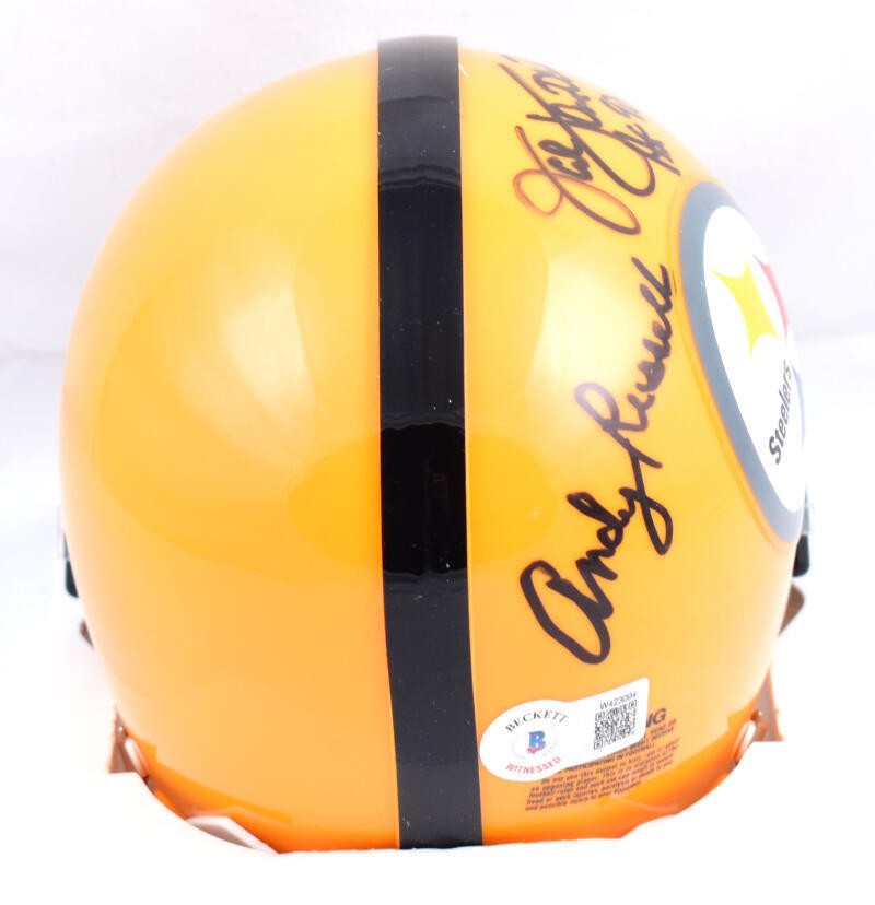 Jack Ham, Jack Lambert & Andy Russell Signed Steelers Gold Mini Helmet