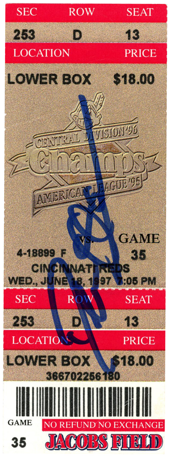 Deion Sanders Signed Cincinnati Reds vs Indians Ticket Stub 6/18/1997 BAS