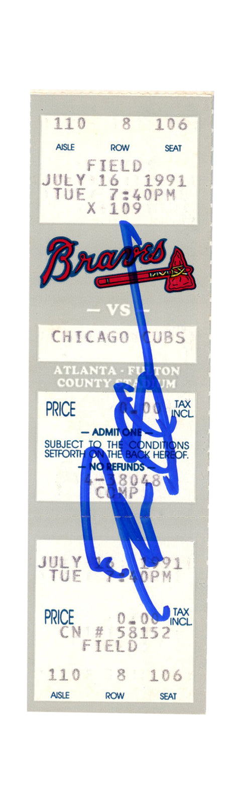 Deion Sanders Signed Atlanta Braves Full Ticket 7/16/1991 vs Cubs