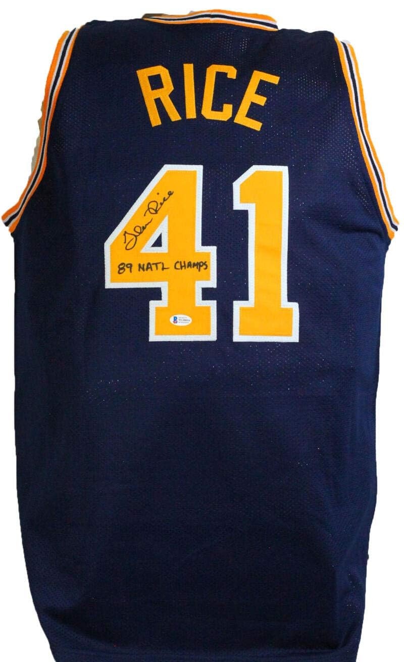 Glen Rice Autographed Blue Custom Jersey - 89 National Champs Inscription