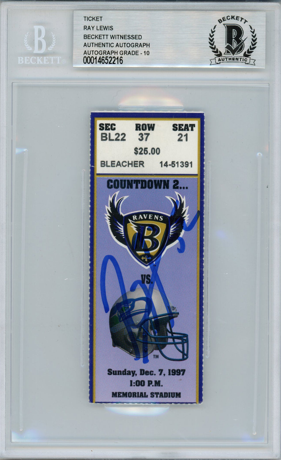 Ray Lewis Signed 12/7/1997 vs Seahawks Ticket Beckett Slabbed