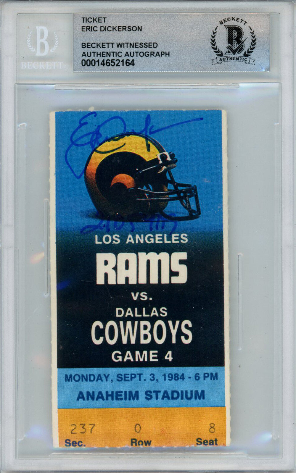 Eric Dickerson Signed Ticket Stub 9/3/1983 vs Cowboys Beckett Slabbed