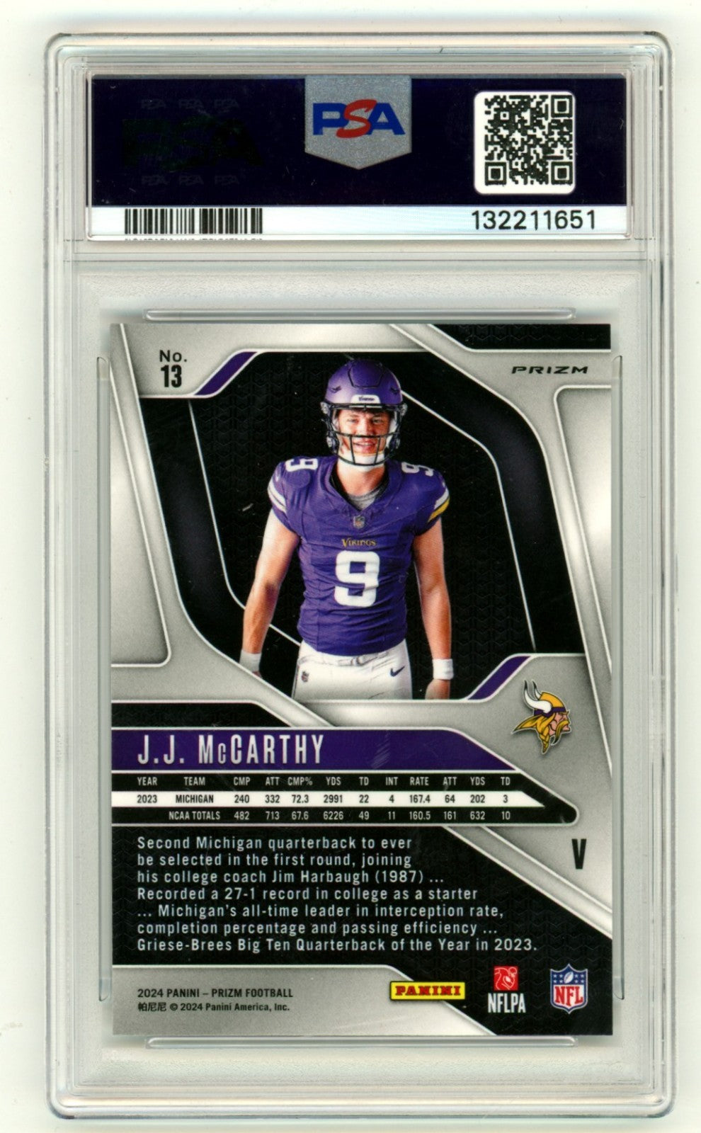 J.J. McCarthy Signed 2024 Panini Prizm Silver Rookie Variation PSA Auto