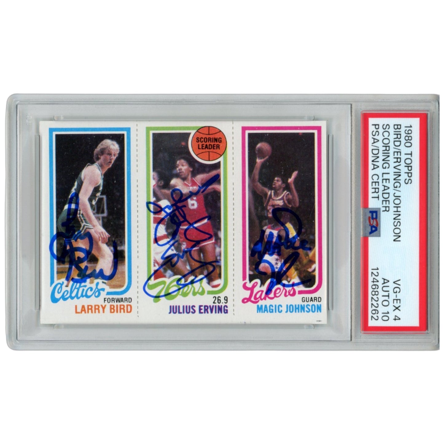 Larry Bird, Magic Johnson & Julius Erving Signed 1980 Topps Card PSA 4/10