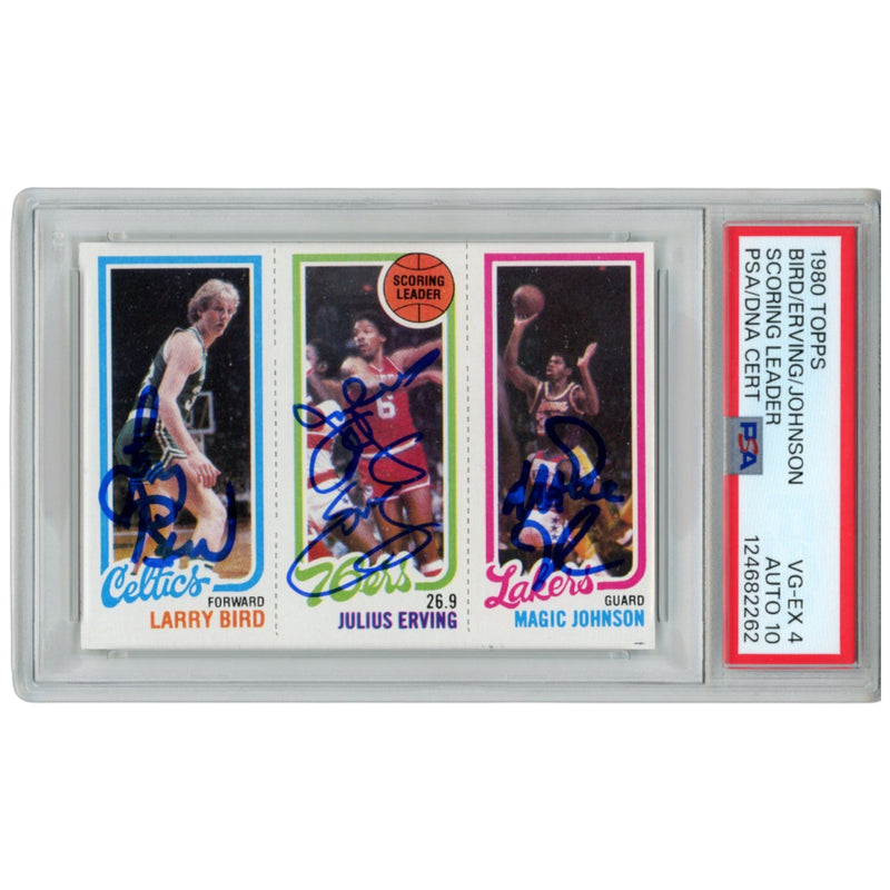 Larry Bird, Magic Johnson & Julius Erving Signed 1980 Topps Card PSA 4/10