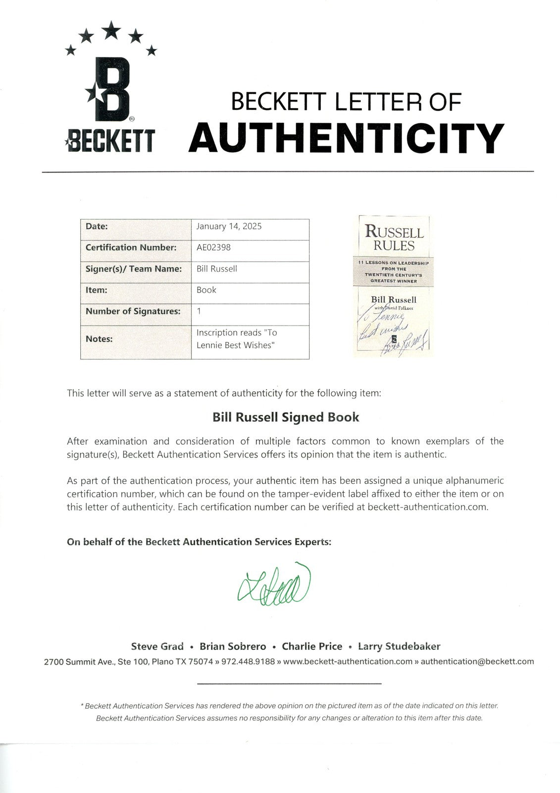 Bill Russell Signed Boston Celtics Russell Rules Book (Beckett LOA)