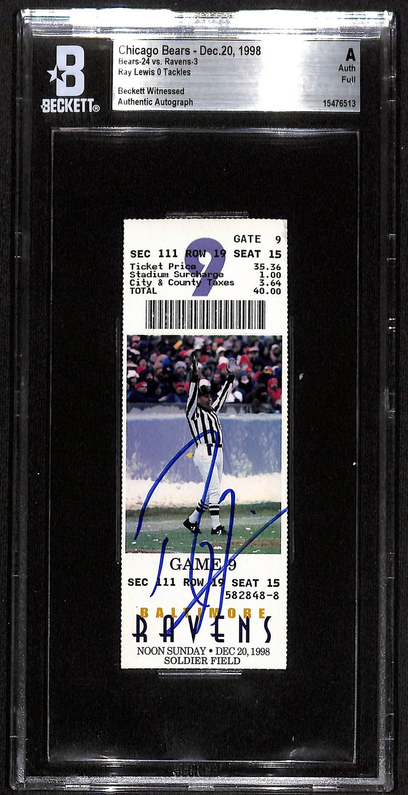 Ray Lewis Signed Baltimore Ravens Slabbed Game Ticket Stub Grade 7