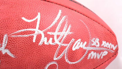 Marshall Faulk, Kurt Warner & Dick Vermeil Signed Wilson Duke Football