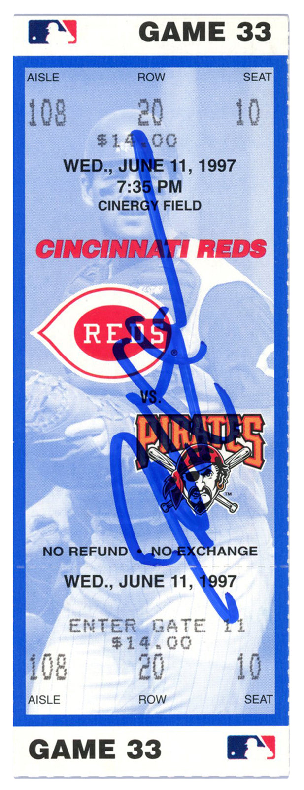 Deion Sanders Signed Cincinnati Reds vs Pirates Ticket Stub (6/11/1997) BAS