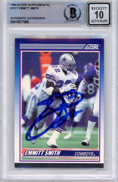Emmitt Smith Signed 1990 Score Supplemental Card #101 BAS Grade 10 Slab