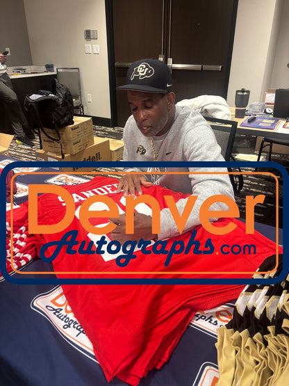 Deion Sanders Autographed Red Pro Style Custom Jersey (BAS Witnessed)