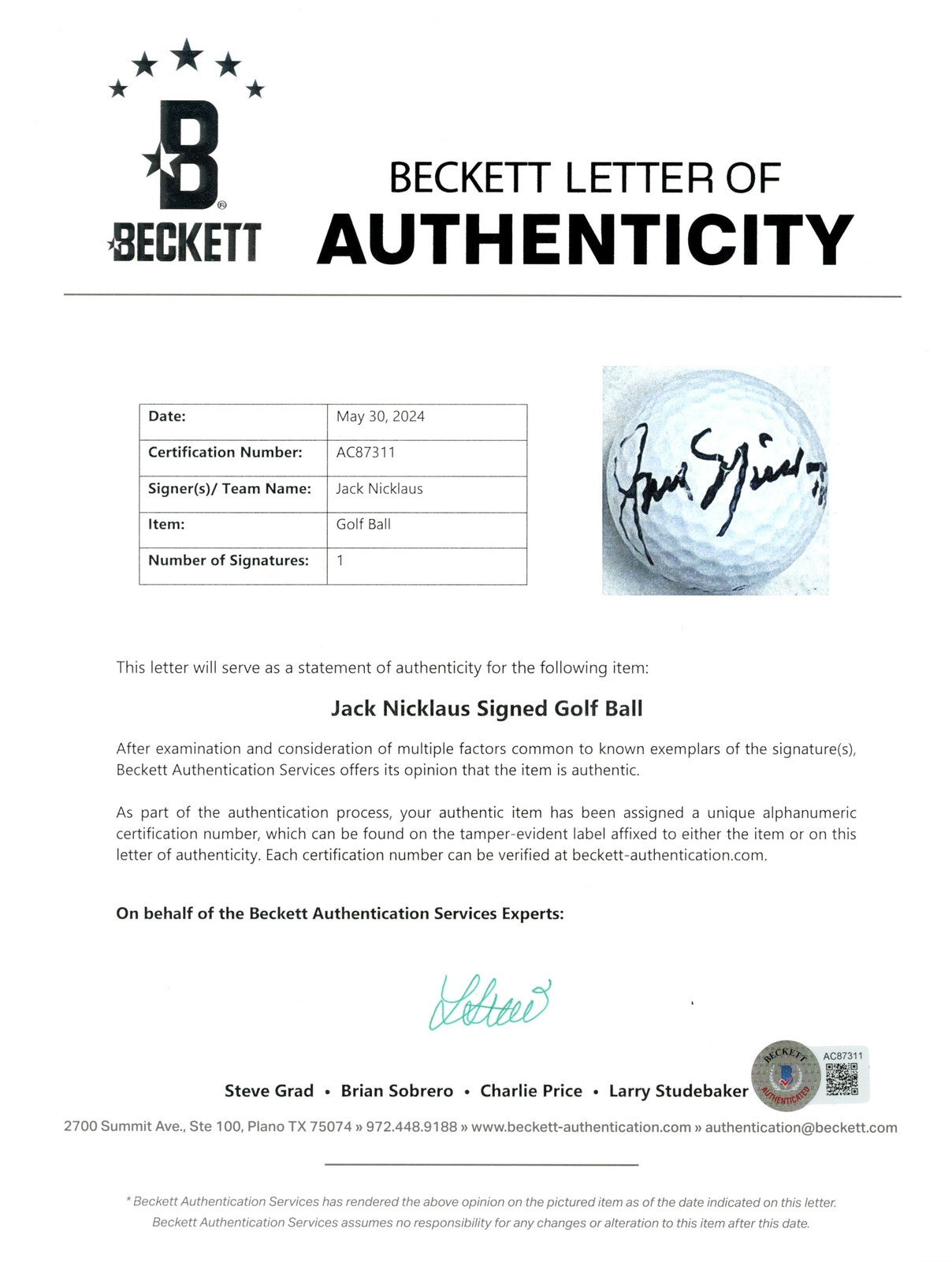 Jack Nicklaus Signed Titleist Golf Ball Beckett COA