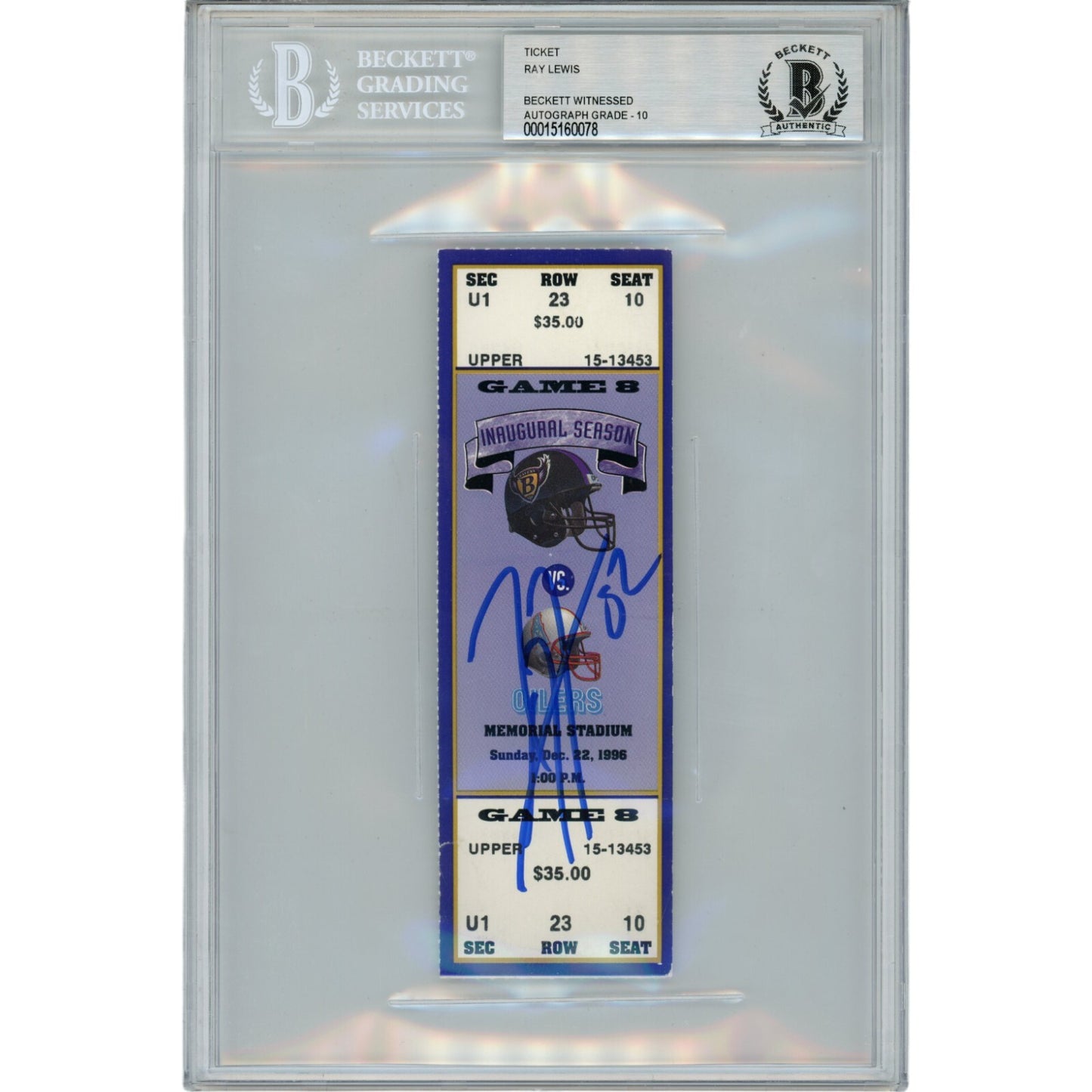 Ray Lewis Signed Baltimore Ravens Dec 22 1996 Full Ticket Stub Beckett Slabbed