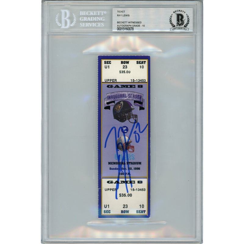 Ray Lewis Signed Baltimore Ravens Dec 22 1996 Full Ticket Stub Beckett Slabbed