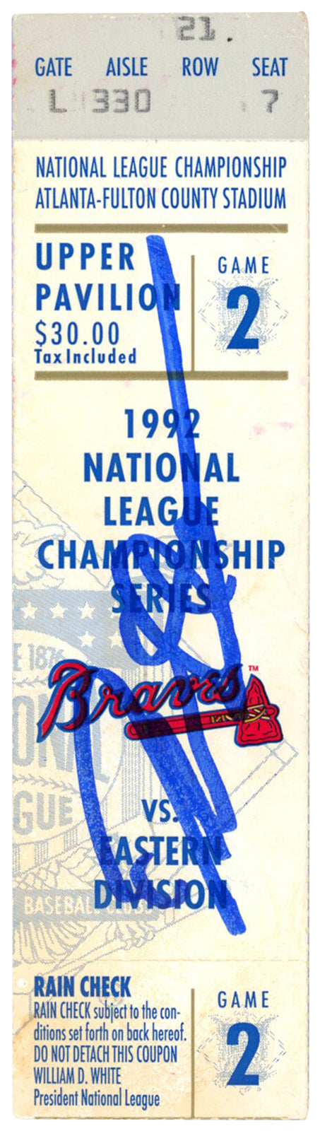 Deion Sanders Autographed Atlanta Braves 1992 NLCS Game 2 Ticket Stub BAS