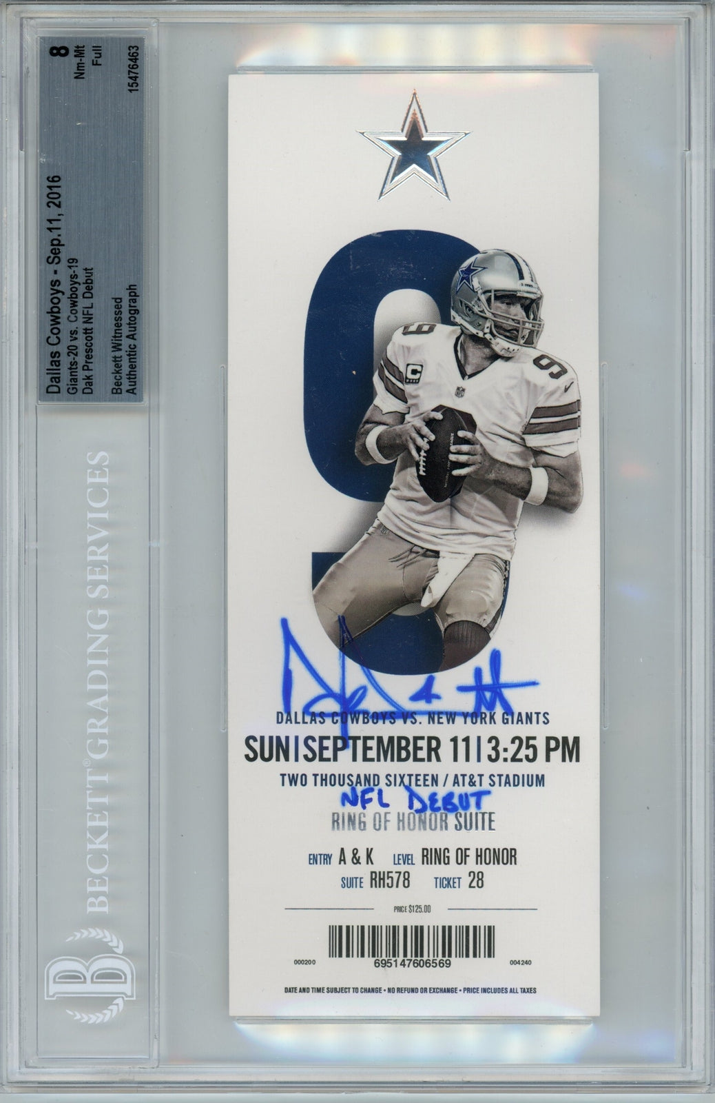 Dak Prescott Signed Dallas Cowboys NFL Debut Ticket Stub Beckett 8