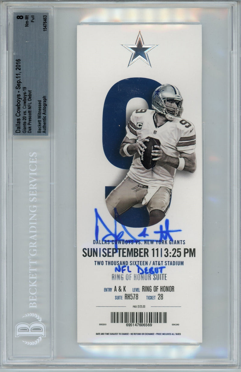 Dak Prescott Signed Dallas Cowboys NFL Debut Ticket Stub Beckett 8