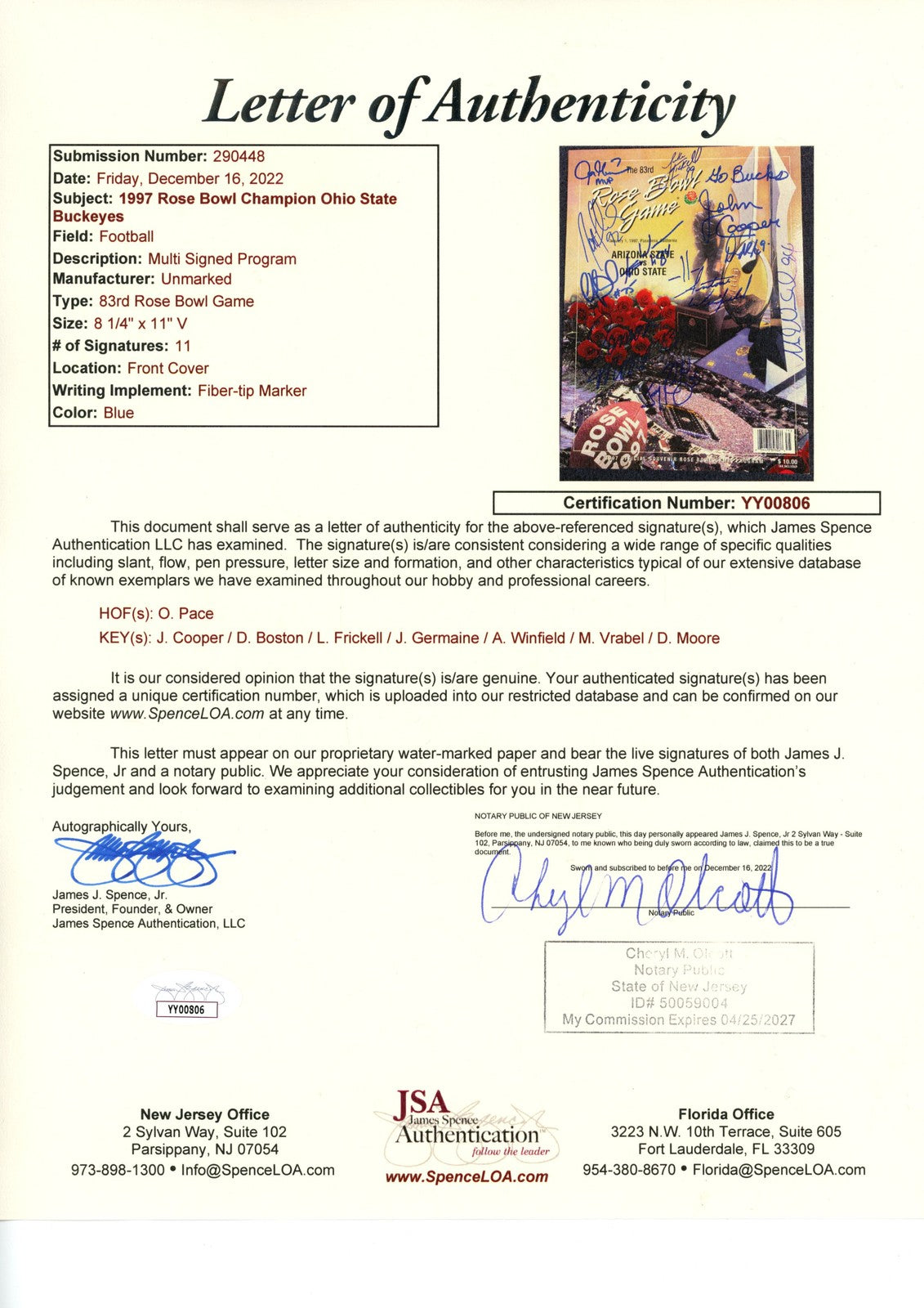 Orlando Pace & Mike Vrabel Multi-Signed Ohio State 1997 Rose Bowl Magazine