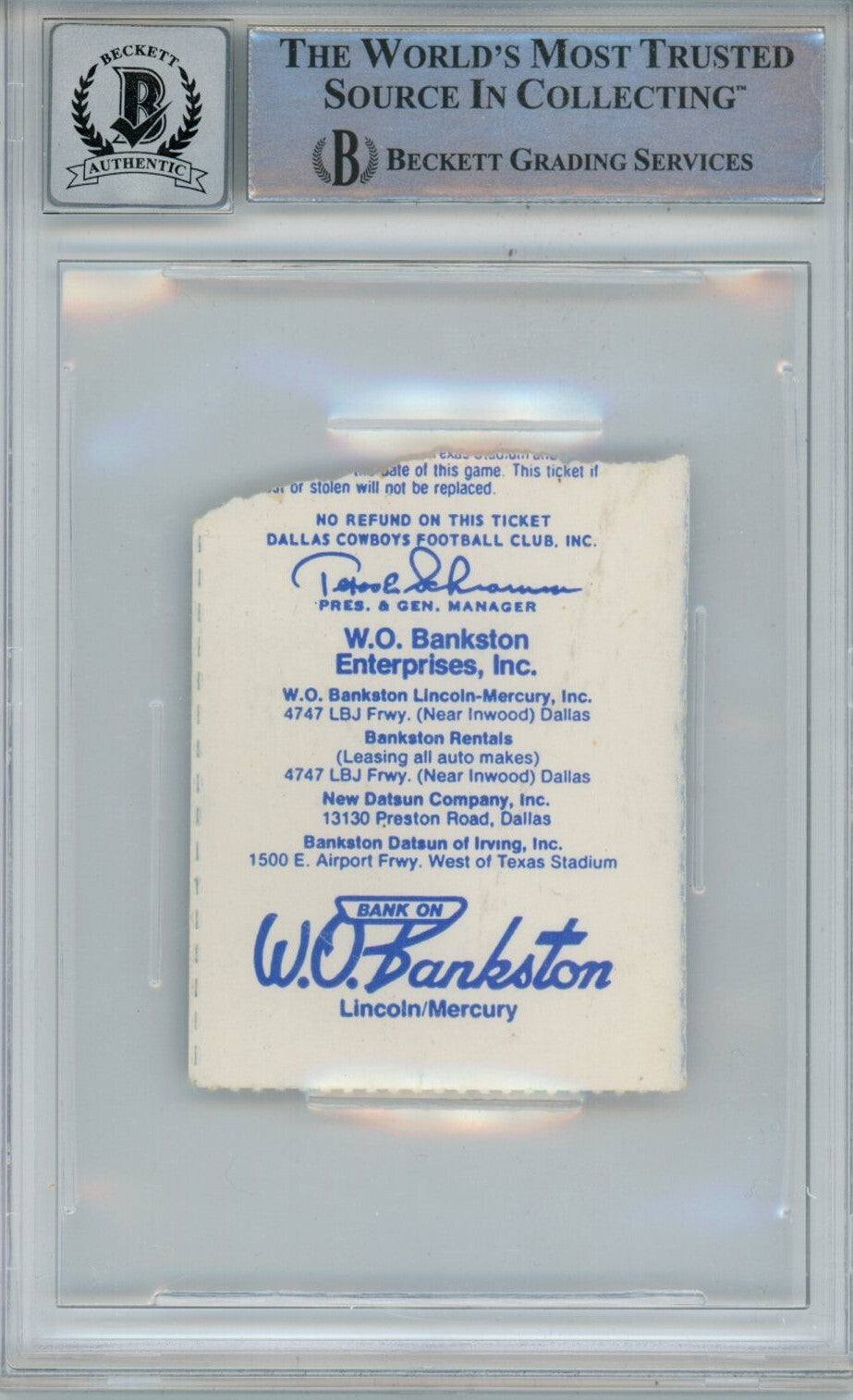Tony Dorsett Signed Dallas Cowboys Ticket Stub (11/20/83 vs Chiefs) BAS Slab