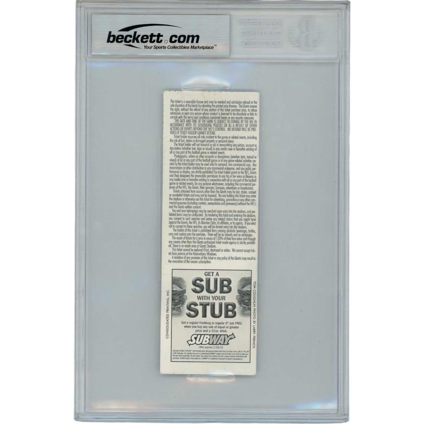 Michael Strahan Signed New York Giants Ticket Stub 11/2/2008 Beckett Slabbed