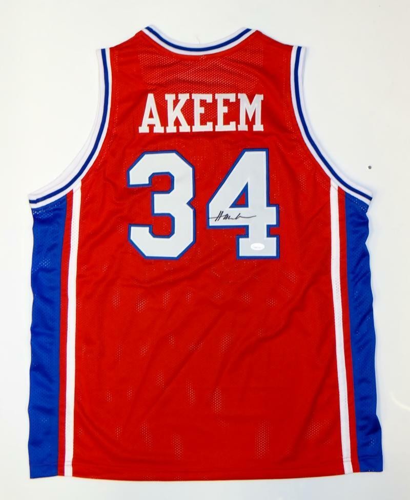 Akeem Olajuwon Autographed Red Custom College Jersey