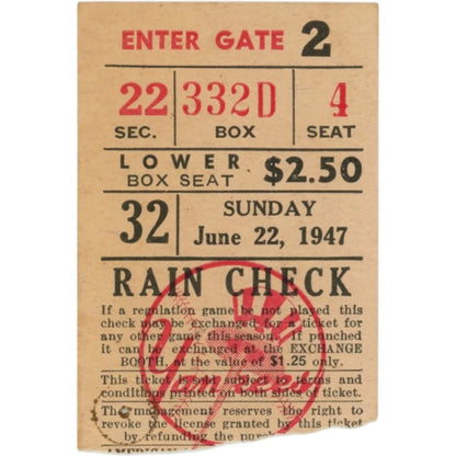 Yogi Berra New York Yankees 1947 Grand Slam Game Ticket Stub