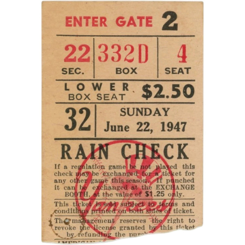 Yogi Berra New York Yankees 1947 Grand Slam Game Ticket Stub