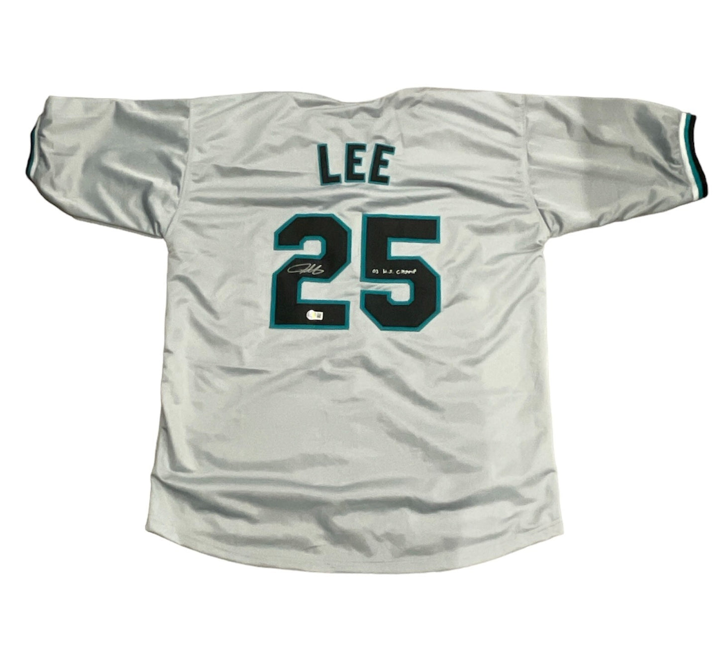 Derrek Lee Autographed Florida Marlins Custom Jersey ('03 WS Champs)